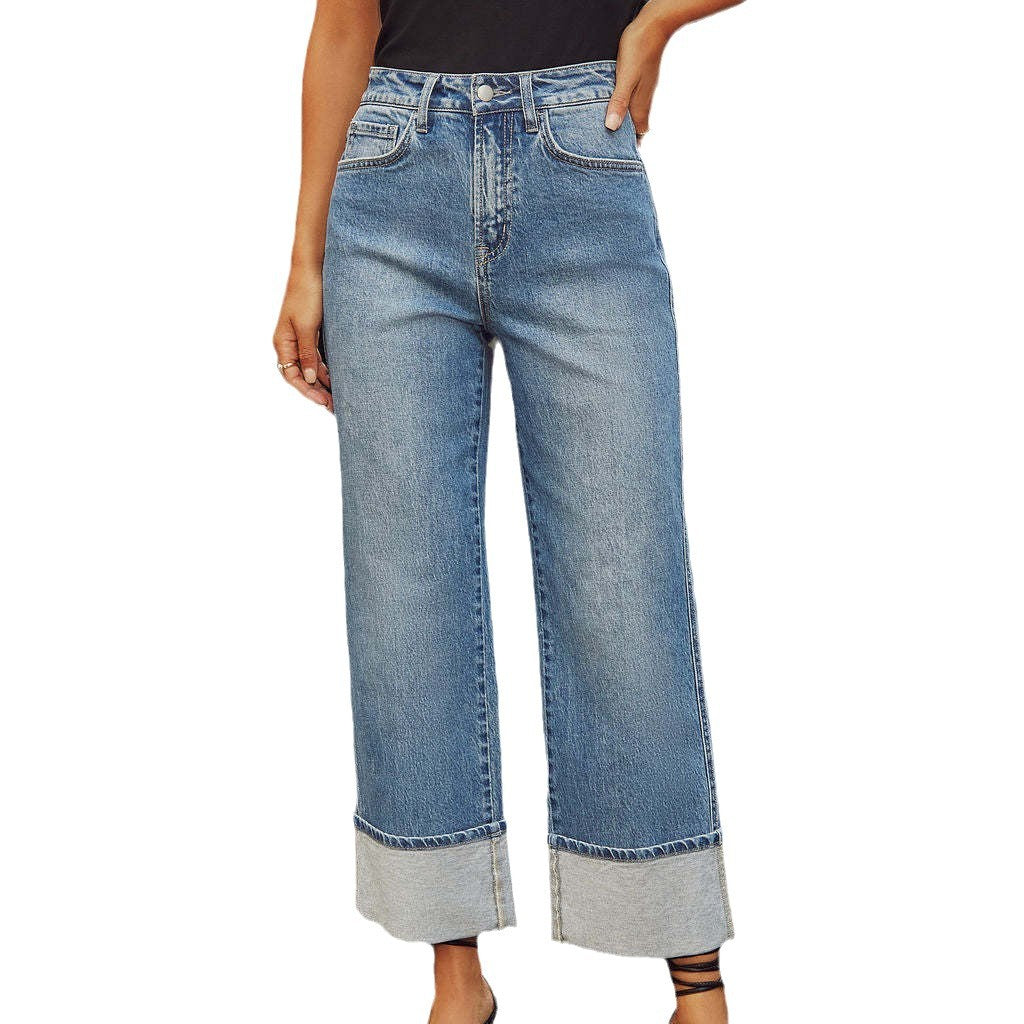 Women's Retro High-Waisted Straight Leg Jeans with Rolled Edge