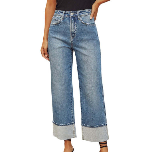 Women's Retro High-Waisted Straight Leg Jeans with Rolled Edge