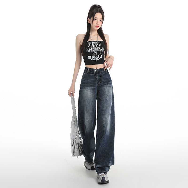 Retro Washed Cat Whisker Wide Leg Jeans for Women - Unique Vintage Design