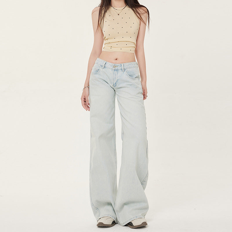 Women's Low Waist Light Color Straight Leg Jeans - Slimming Floor-Length Pants