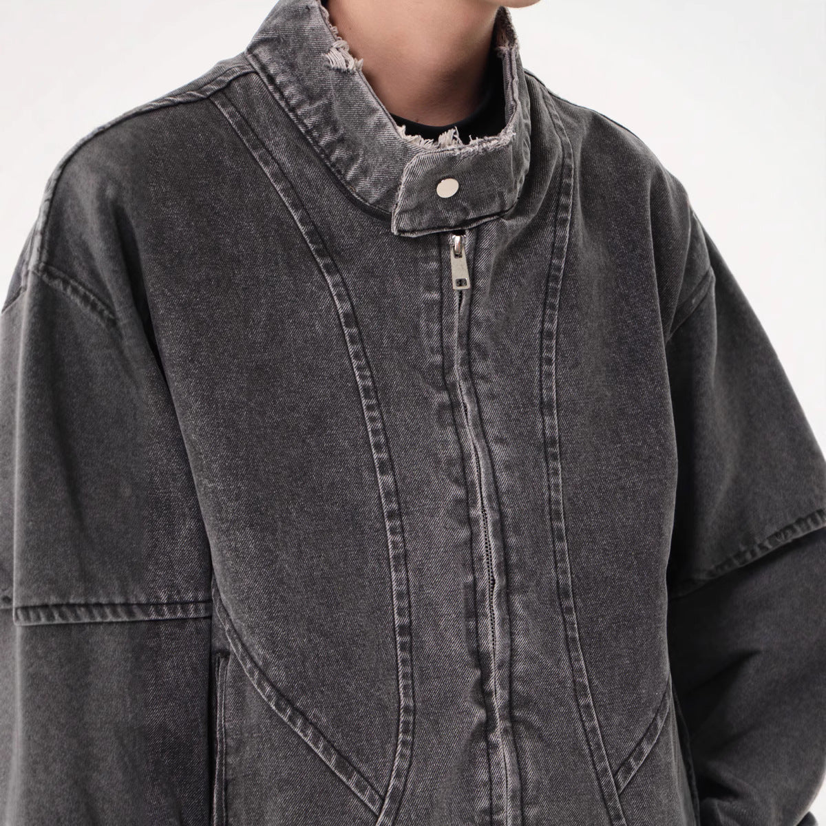 Vintage Washed Distressed Deconstructed Denim Jacket for Men - Minimalist Street Style Design