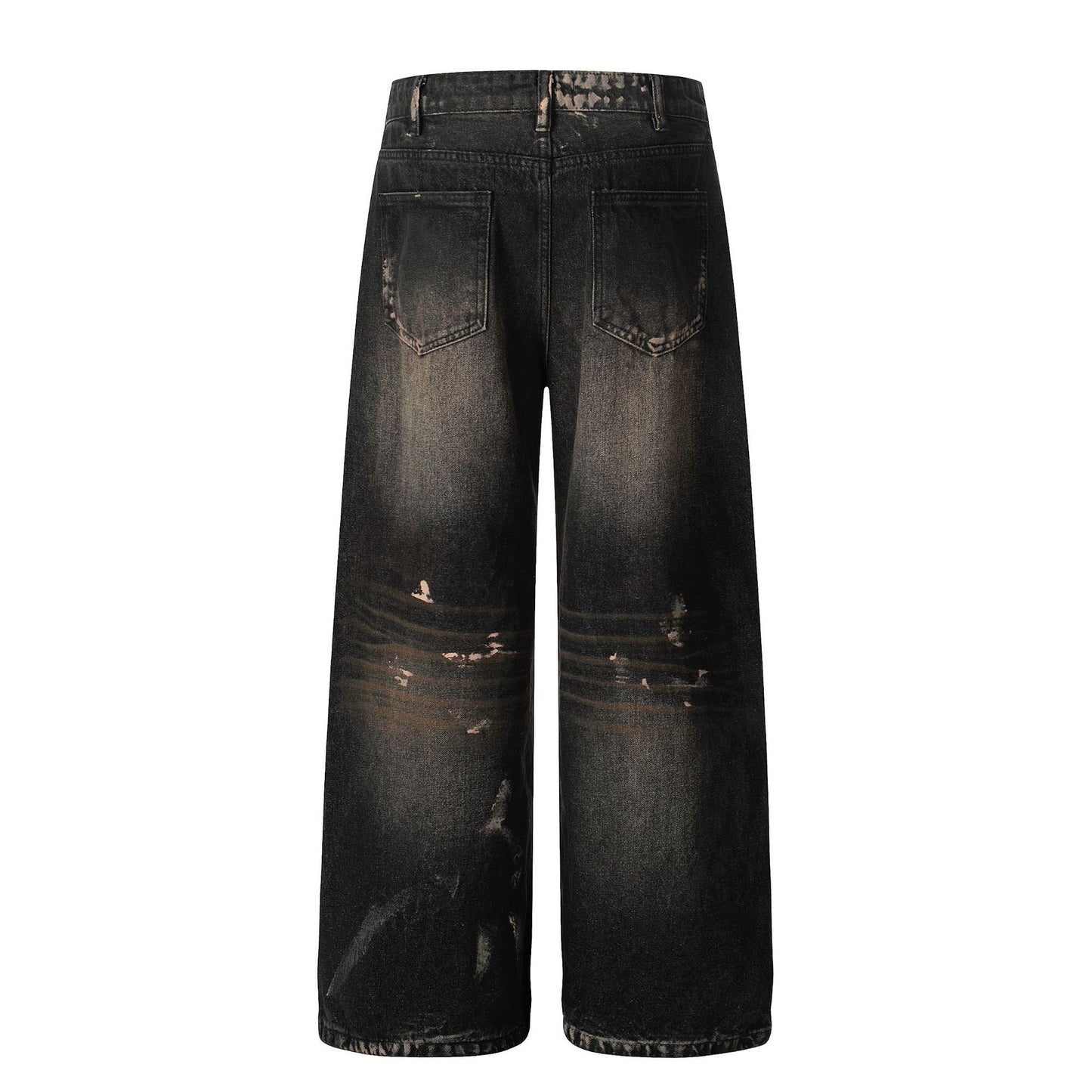 Retro Unisex Trendy Washed Black Splatter Design Men's Loose Wide-Leg Jeans