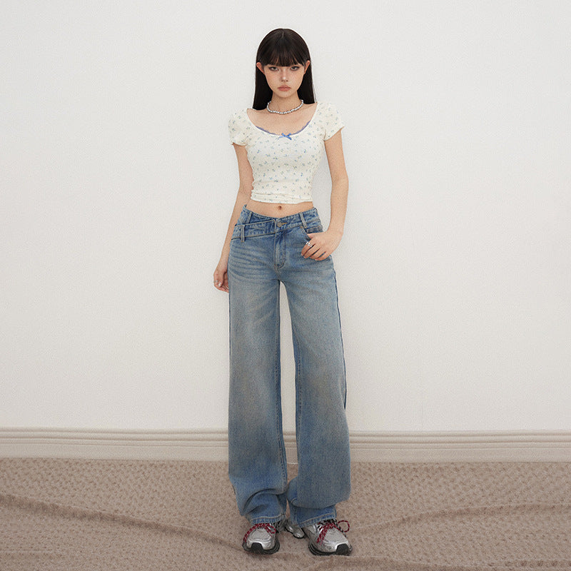 Retro Low-Waist Loose Straight Leg Jeans with Irregular Waist Design for Women