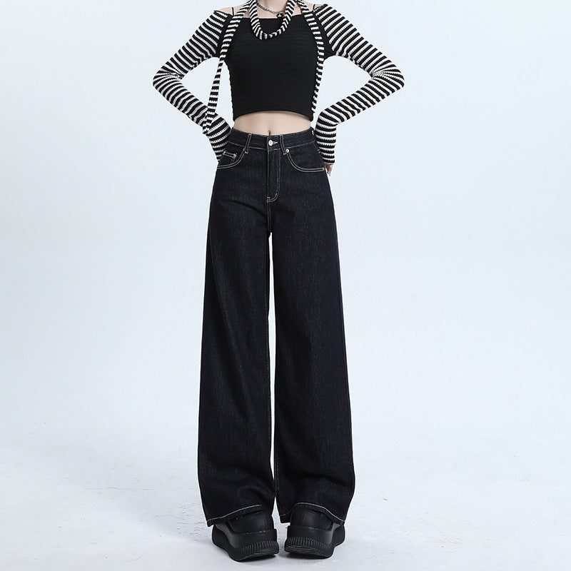 Women's Deep Blue Wide-Leg Slimming Jeans High-Waisted Loose Straight Pants