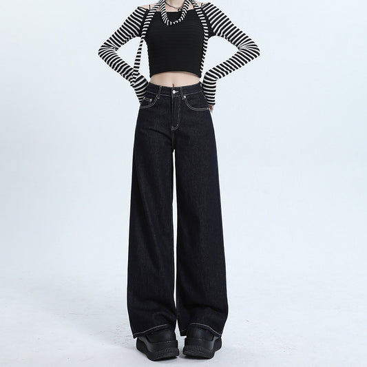 Women's Deep Blue Wide-Leg Slimming Jeans High-Waisted Loose Straight Pants