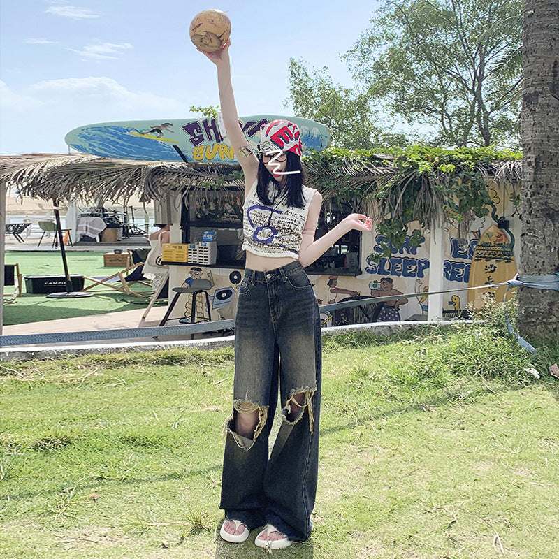 Women's Loose Folded Frayed Floor-Length Wide-Leg Denim Trousers