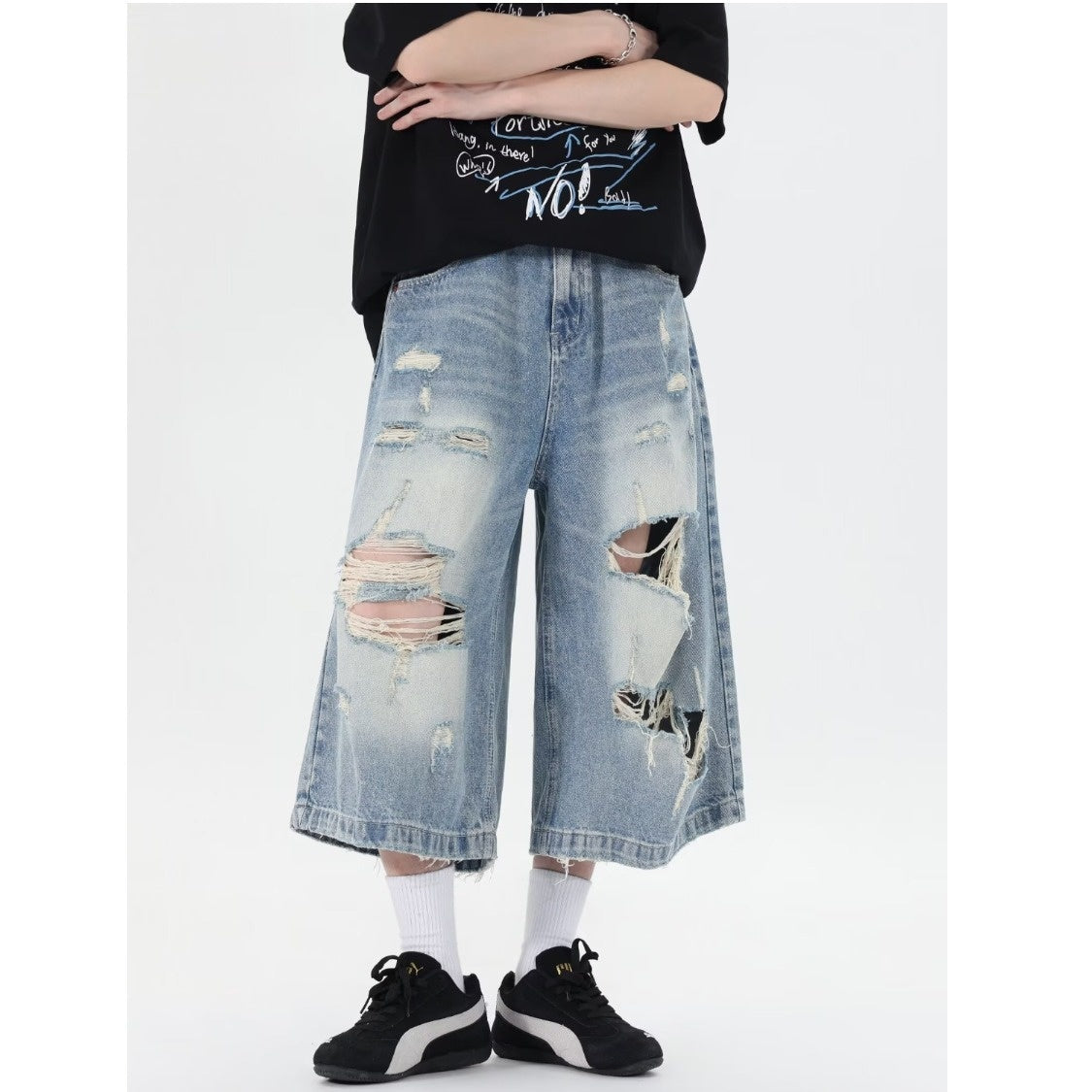 Ripped Denim Loose Washed Distressed Wide Leg Shorts