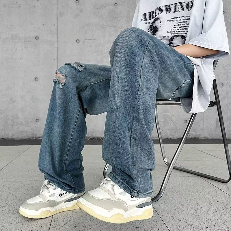 Retro Street Slimming Straight Blue Pants