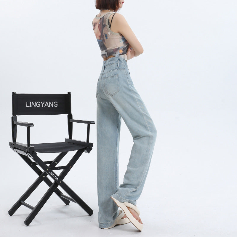 Women's Wide-Leg Jeans Summer Thin High-Waist Silk Straight Pants