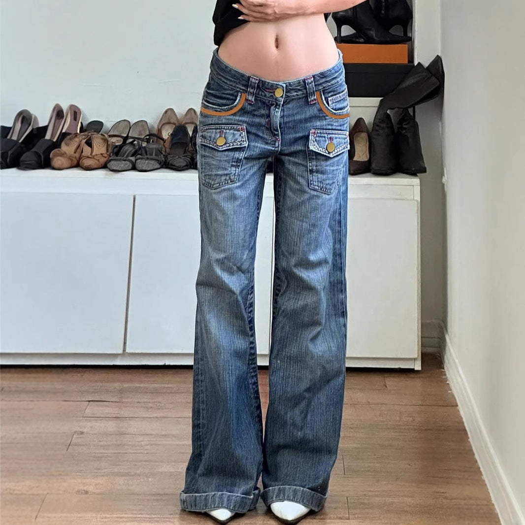 Streetwear Workwear Pocket High-Waisted Straight Leg Jeans
