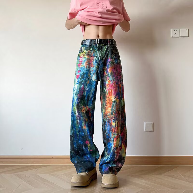 Washed Ink Splashed Oil Painting Color Palette Denim Pants