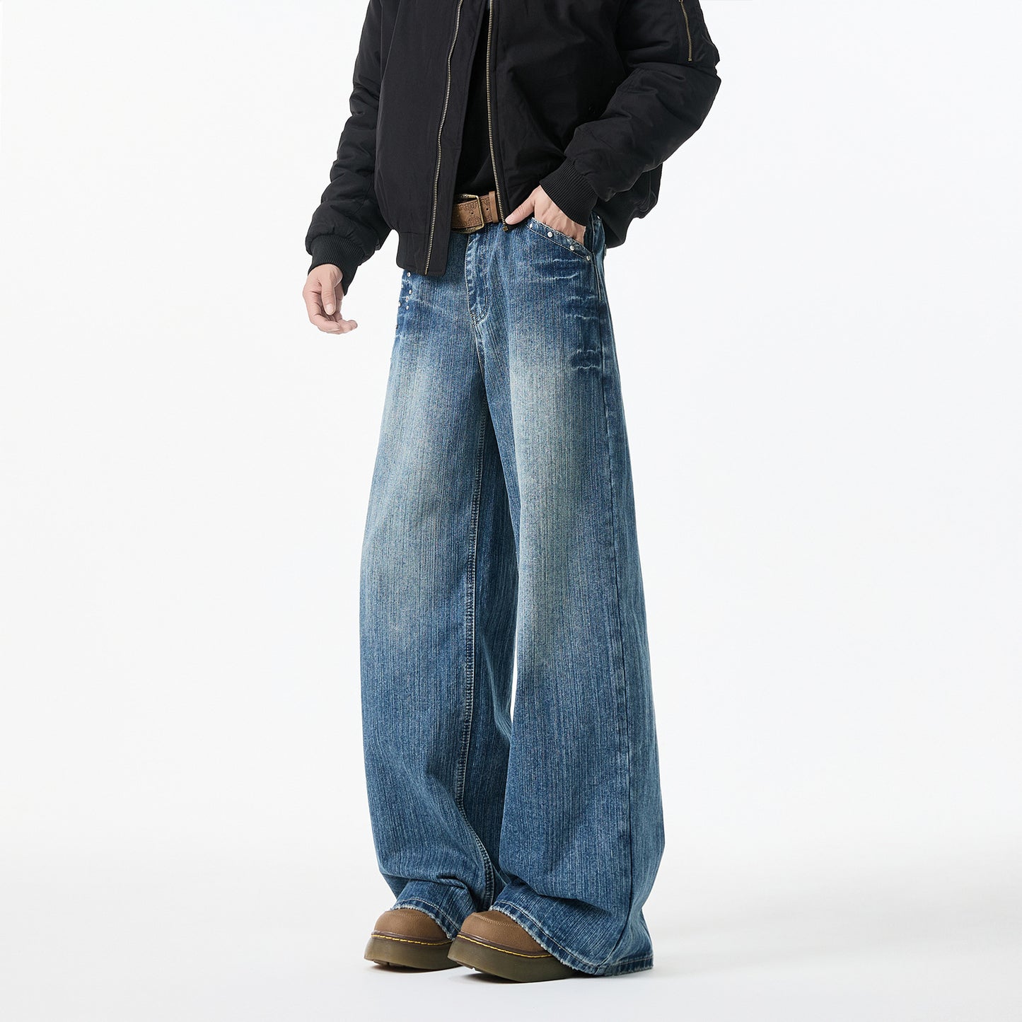 Retro Washed Denim Men's Straight Leg Loose Rivet Pants