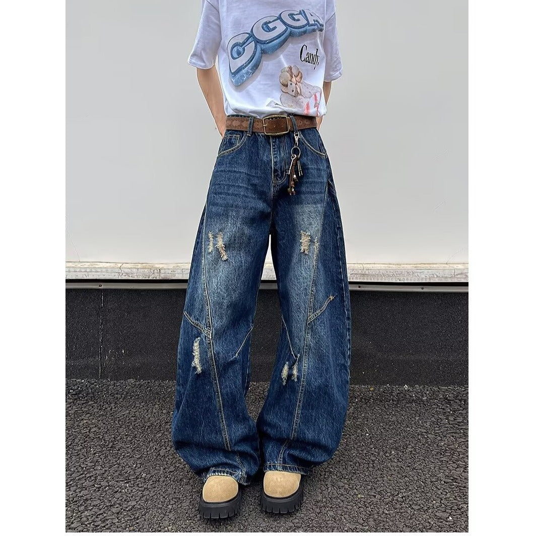 Deep Blue Wide Leg Ripped Denim Micro Flared Knife Pants