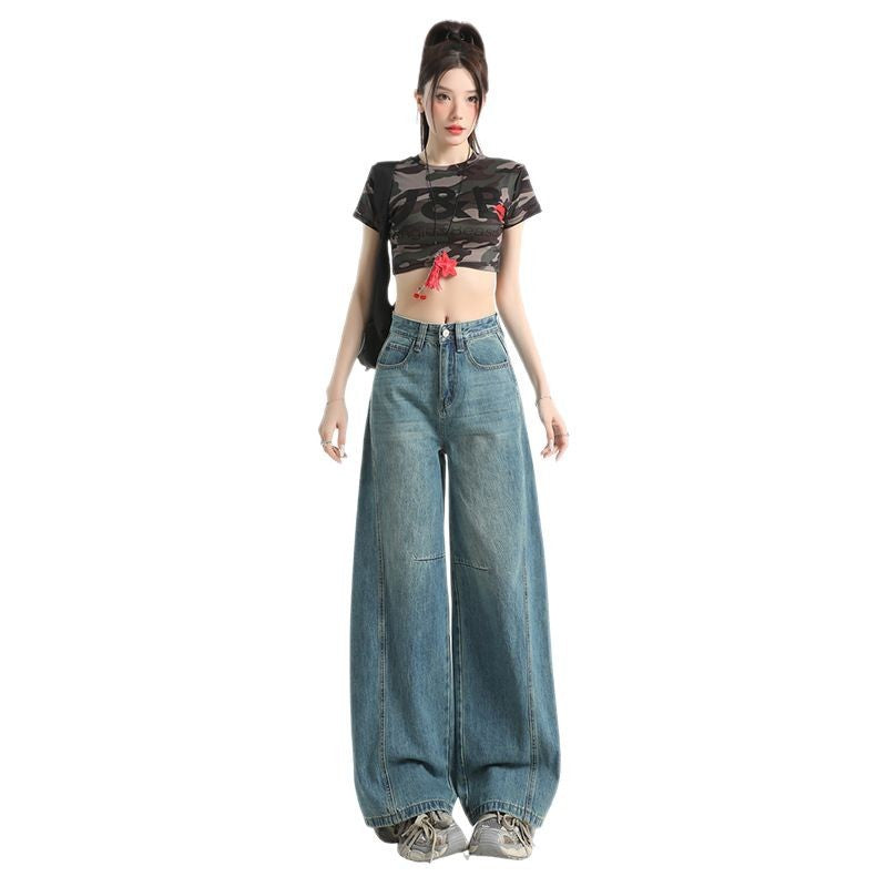 Vintage Blue High Street Loose Wide Leg Jeans for Women - Unique Patchwork Design