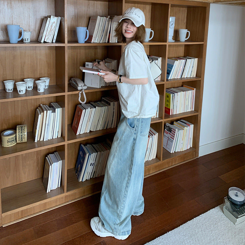 Women's Knife-Leg Jeans - Casual Wide-Leg Floor-Length Pants in Washed Blue