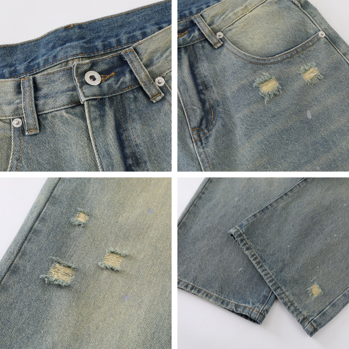 Washed Faded Splatter Hole Denim Pants for Men and Women - Cleanfit Loose Straight Leg Long Pants