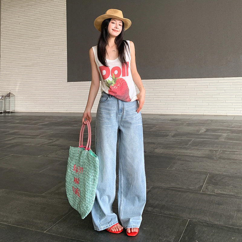 Retro Light Blue Wide-Leg Jeans for Women - Loose Drape Floor-Length Pants