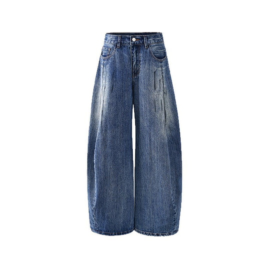 Women's Washed Distressed Mid-Waist Wide-Leg Pants Scissors Denim Trousers