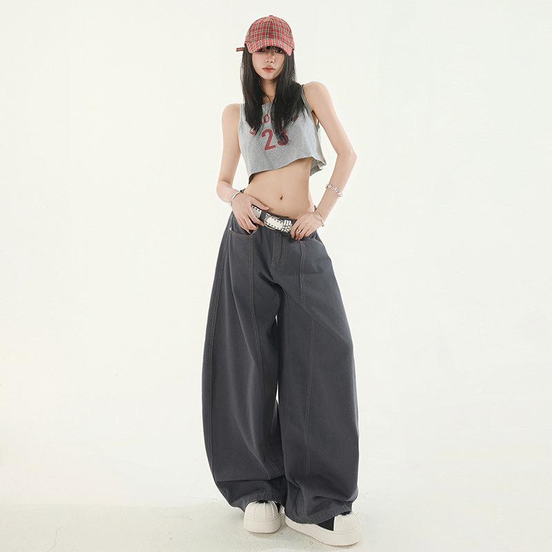 Women's Deep Gray Loose Wide-Leg Work Pants with Splicing and Knife-Edge Design
