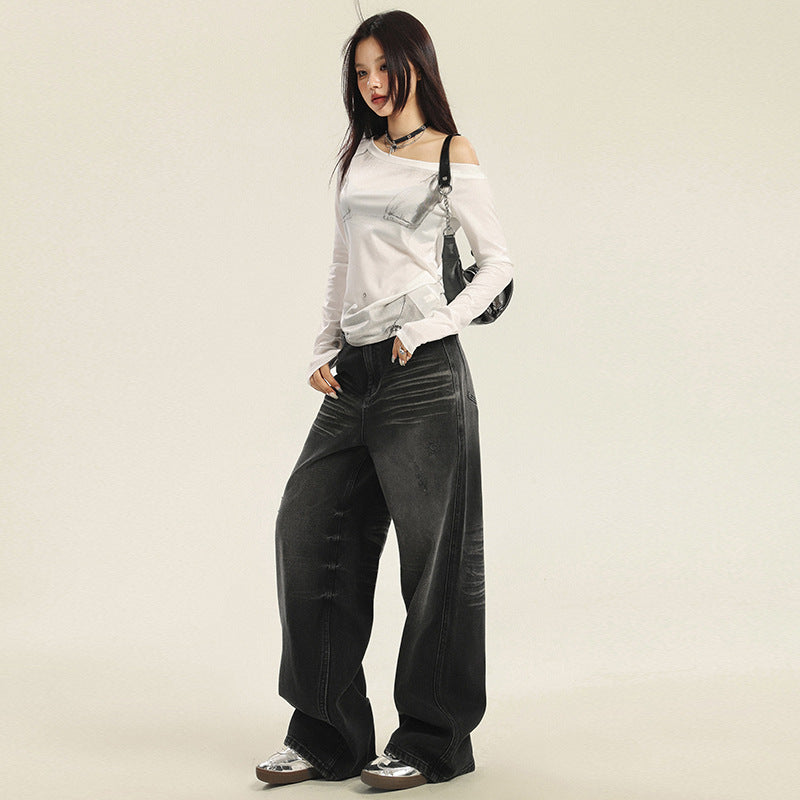 Women's Washed Denim Wide Leg Pants - High Waist Loose Floor Length Trousers