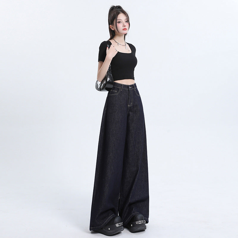 Loose Wide-Leg Denim Pants for Women - High-Waist Draped Straight Ankle-Length Trousers
