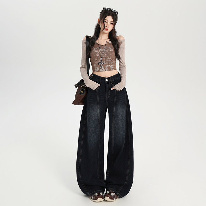 Retro Washed Loose Embroidered Tapered Denim Pants for Women