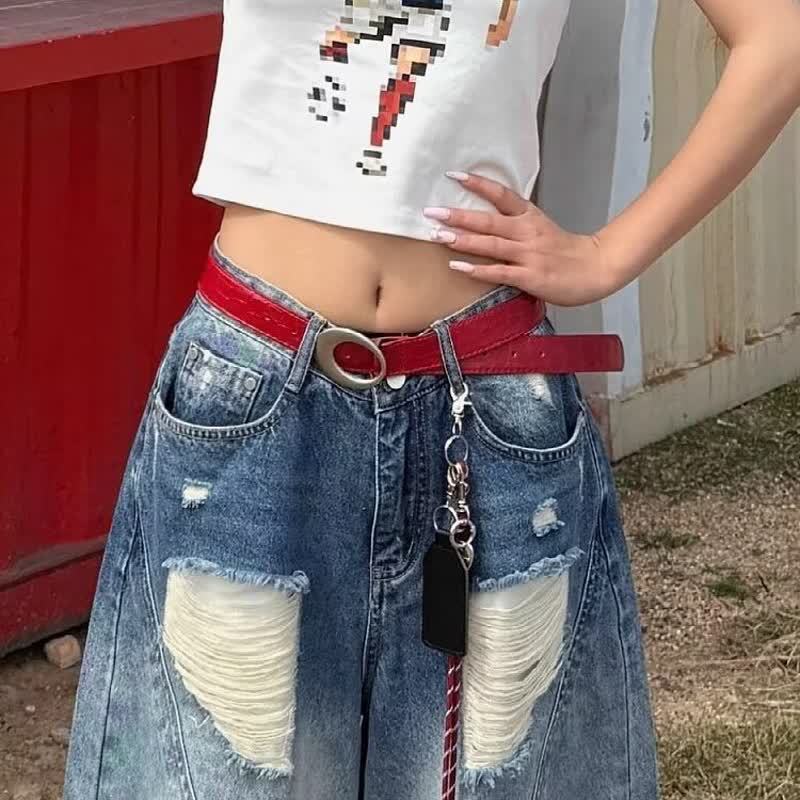 High-Waisted Spliced Hand-Cut Hole Denim Shorts - Retro Wide-Leg Seven-Quarter Pants