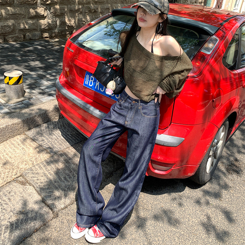 Lyocell Tencel Dark Blue Wide Leg Jeans for Women - Low Waist Loose Slimming Drape Pants