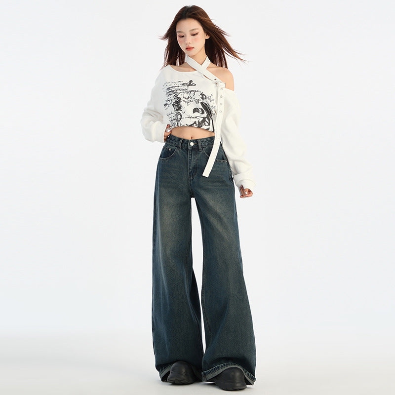 Vintage Wide-Leg Straight Jeans for Women - High-Waist Loose Fit