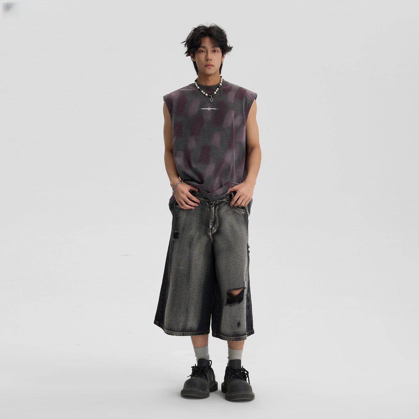 Men's Retro Ripped Denim Shorts - Black