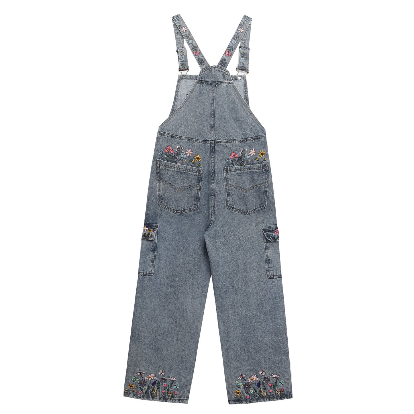 Trendy Washed Floral Letter Embroidery Denim Overalls Unisex High Street Retro Loose Jumpsuit