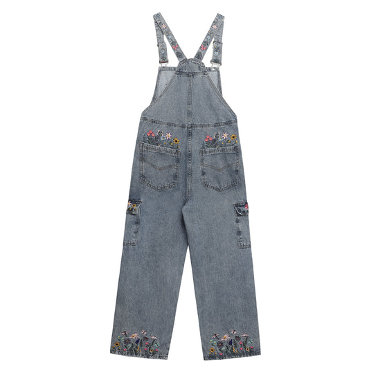Trendy Washed Floral Letter Embroidery Denim Overalls Unisex High Street Retro Loose Jumpsuit