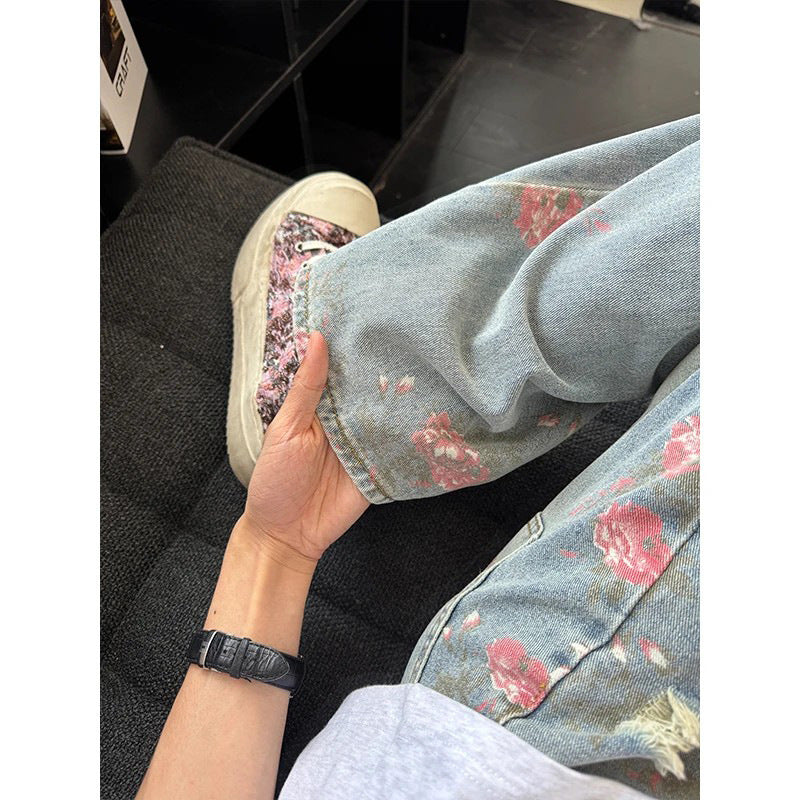 Floral Ripped Denim Full Print Casual Pants