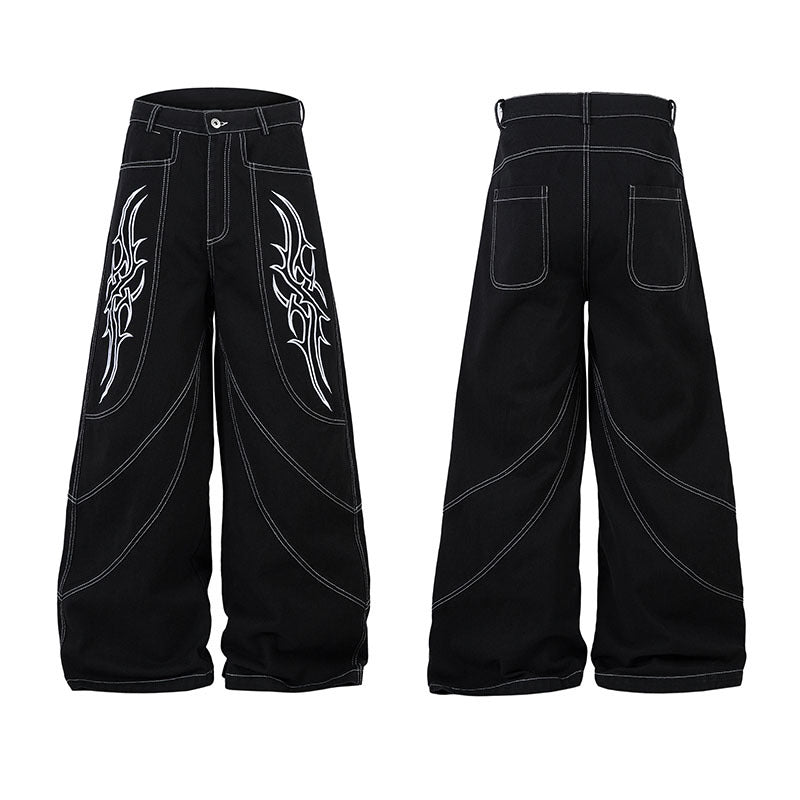 Wide Leg Long Pants with Thorns Embroidery - Unisex Trendy Denim