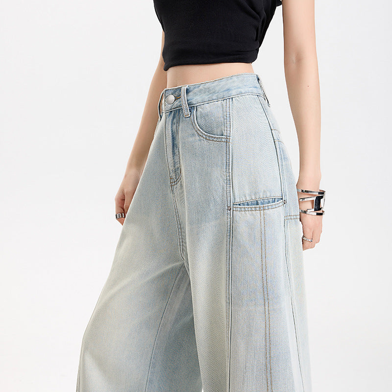Light Color Tencel Wide-Leg Jeans for Women - High Waist Loose Straight Leg Patchwork Design