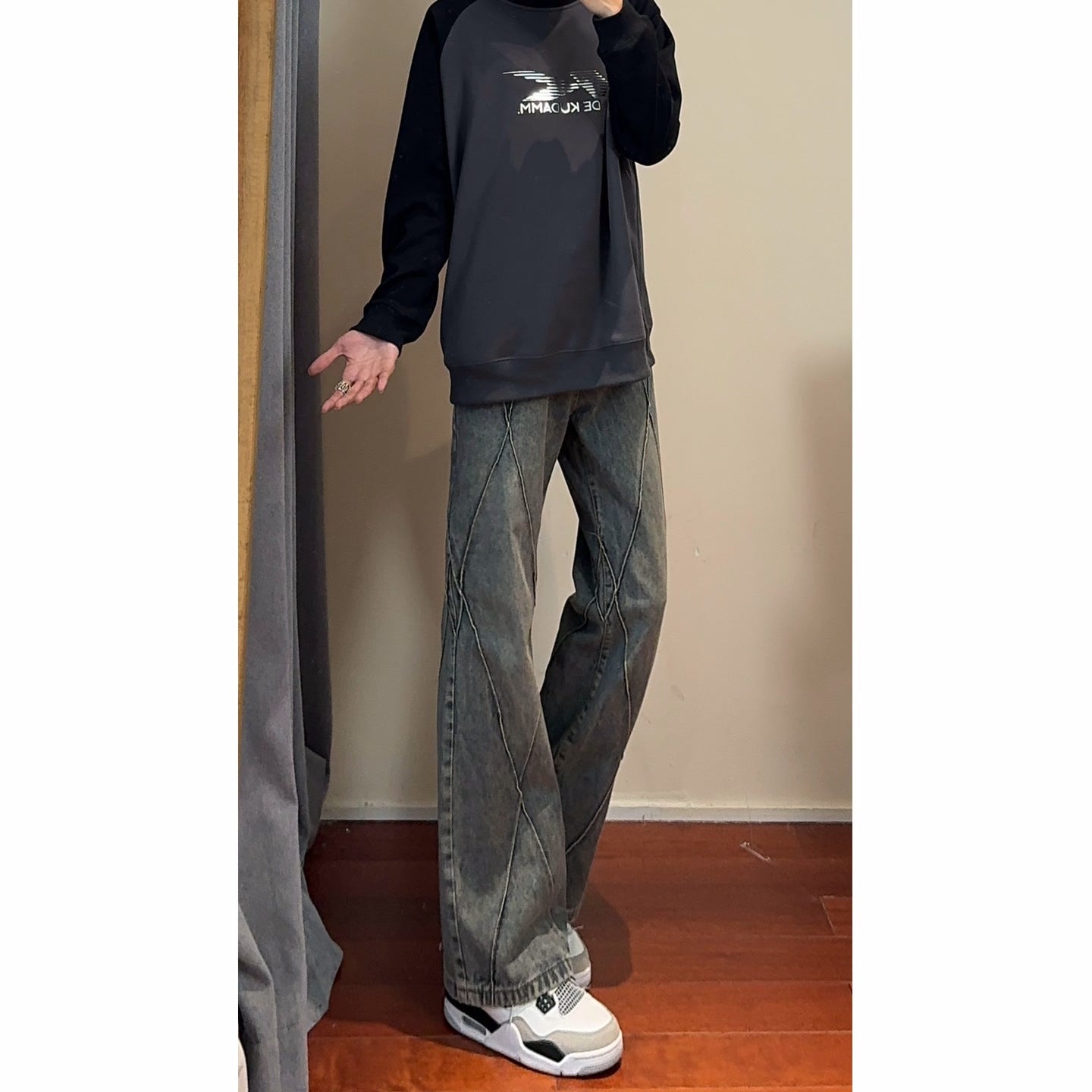 Retro Patchwork Split Straight Leg Jeans