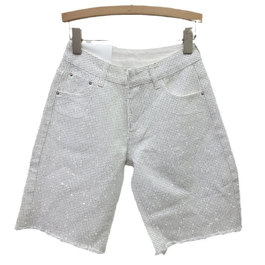 Style Fully Rhinestone Frayed Denim Shorts for Women - High Waist Straight Leg Pants