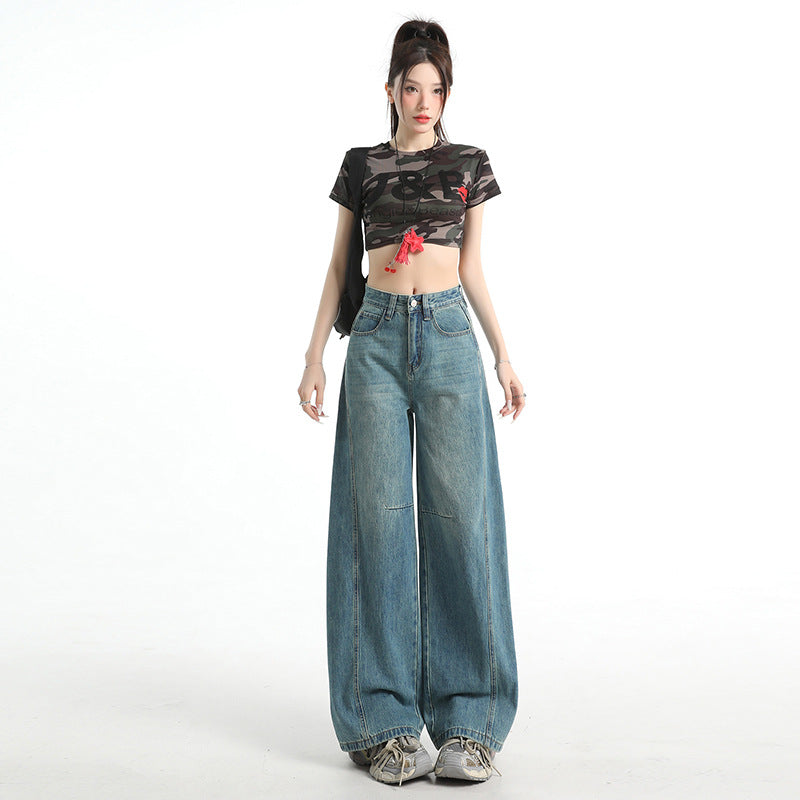 Vintage Blue High Street Loose Wide Leg Jeans for Women - Unique Patchwork Design