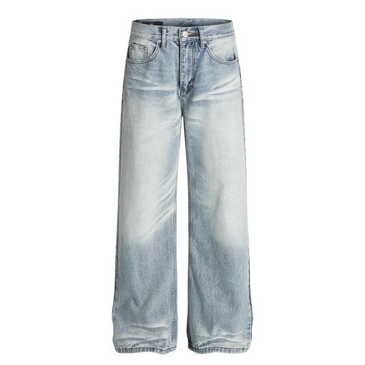 Distressed Washed Straight Leg Denim Jeans for Men