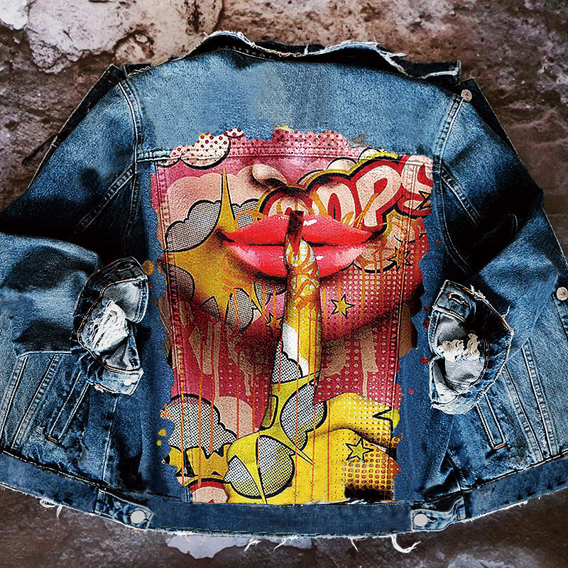 Women's Autumn Street Style Denim Jacket with Tongue Out Print