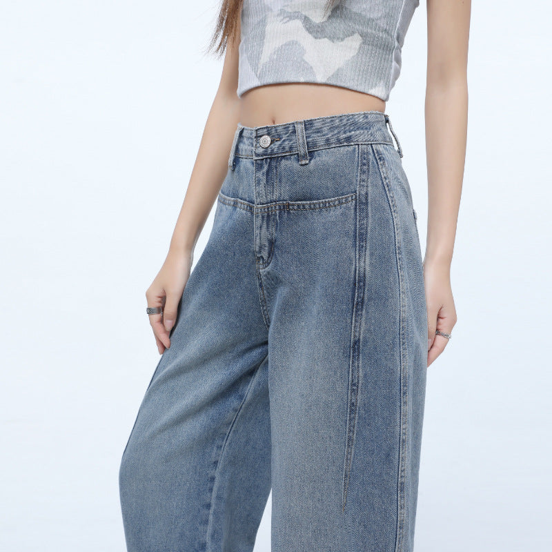 Retro Blue High-Waisted Flared Denim Pants for Women - Summer Loose Fit
