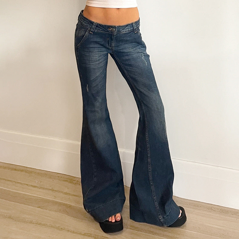 Retro Hot Girl Washed and Worn Low Waisted Slightly Flared Jeans