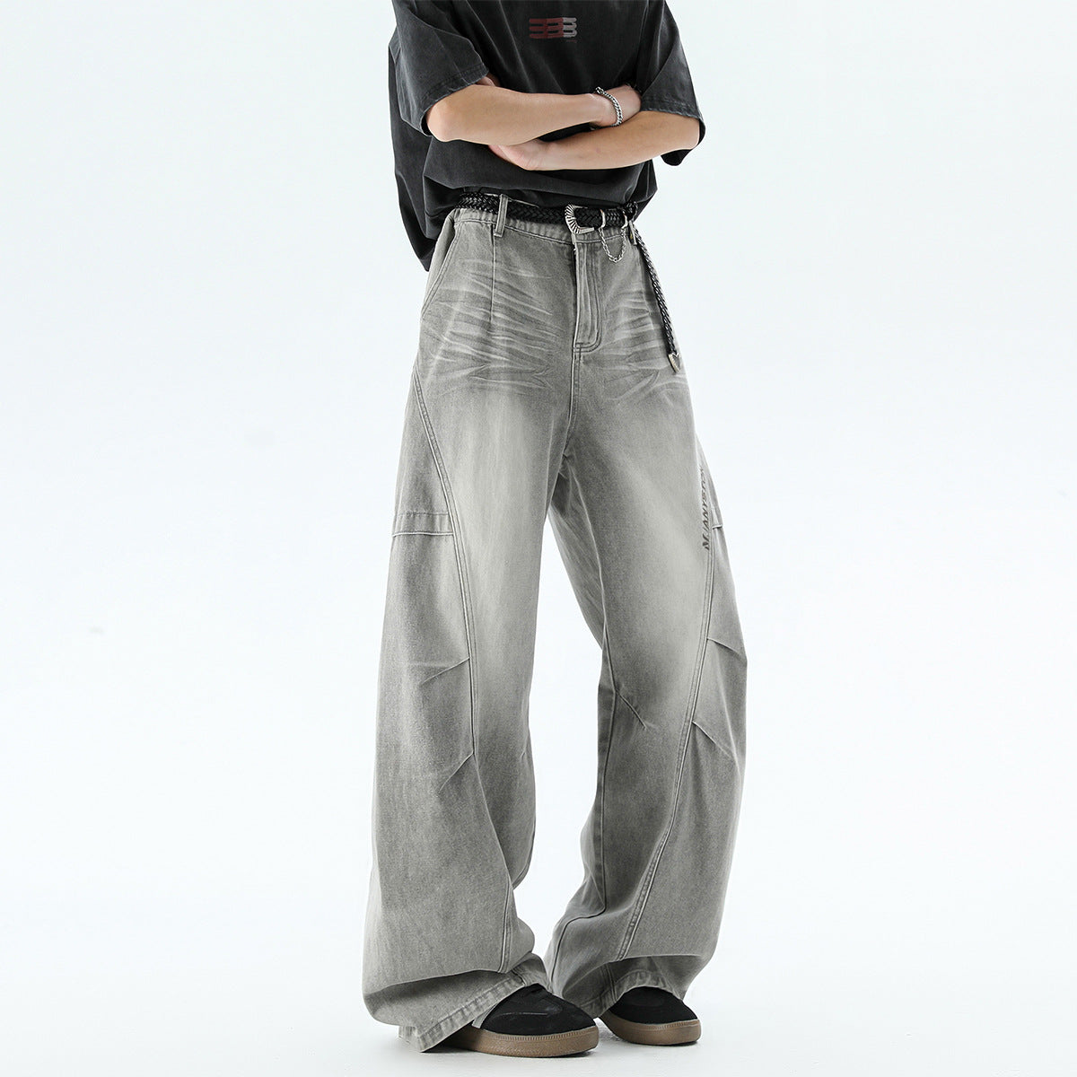 Men's Patchwork Straight Leg Work Pants – Premium Loose Fit Denim