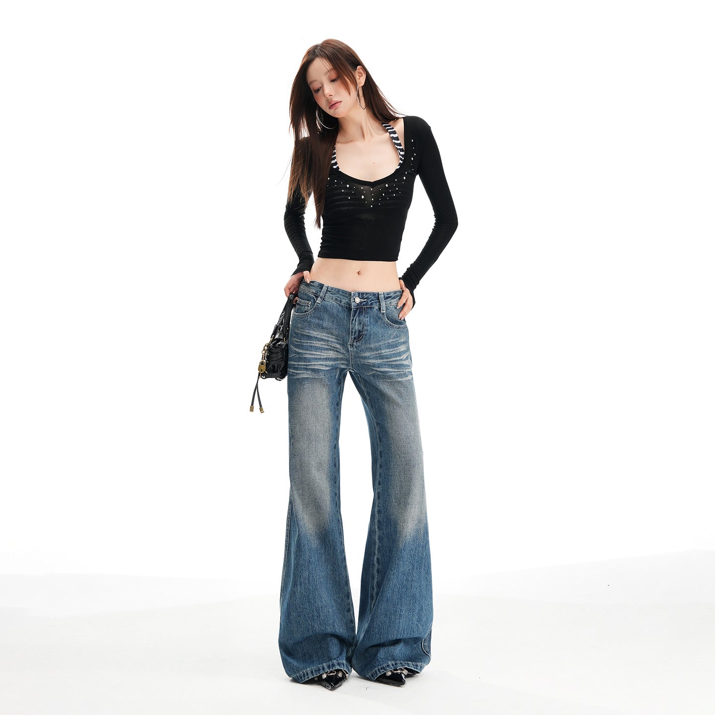 Women's Blue Flared Jeans - Autumn Heavy Wash, Hip-Lifting, Non-Clinging