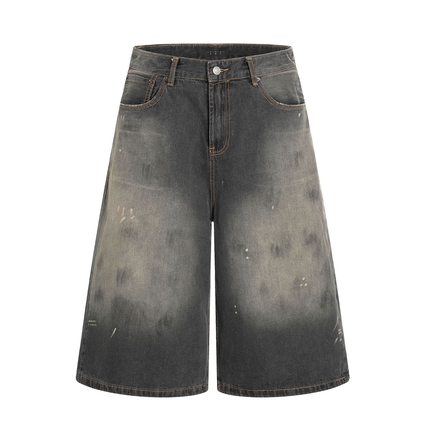 Seven-Quarter Denim Shorts with Faded Ink Splatter - Trendy Wide-Leg Fit