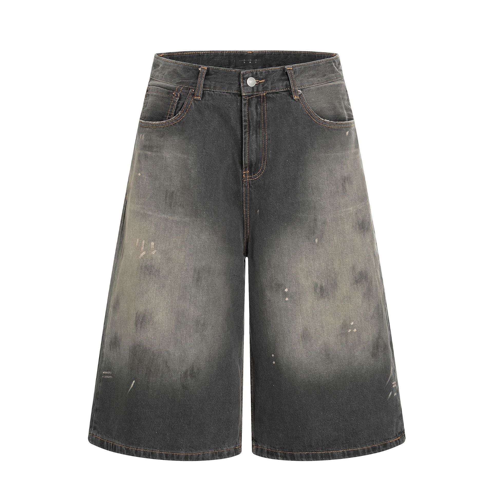 Seven-Quarter Denim Shorts with Faded Ink Splatter - Trendy Wide-Leg Fit