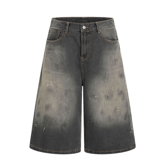 Seven-Quarter Denim Shorts with Faded Ink Splatter - Trendy Wide-Leg Fit