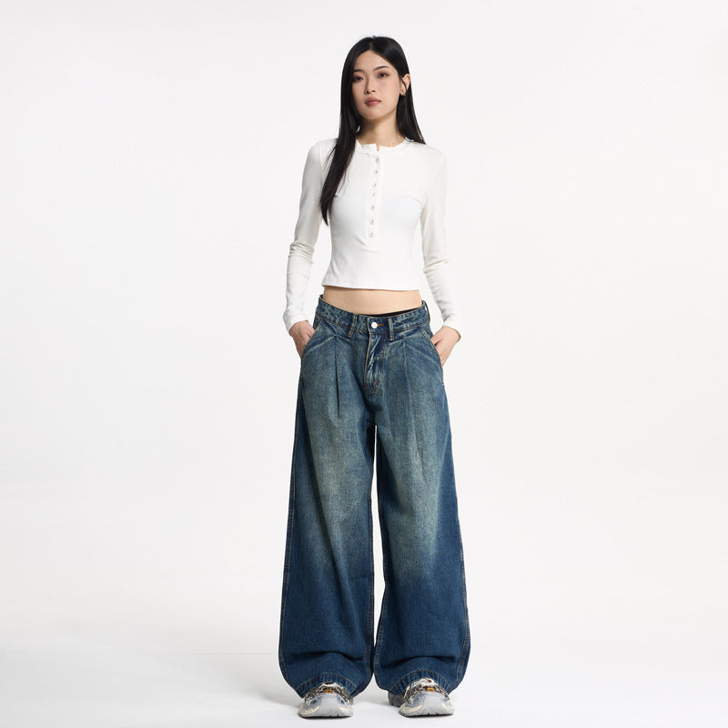 Pleated Wide-Leg Loose Denim Pants - Unisex Designer Style