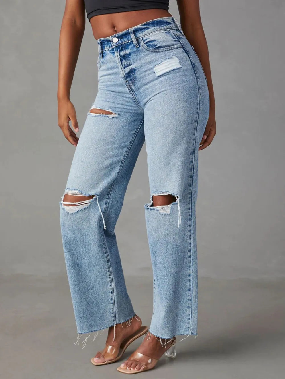 Premium Distressed Straight Leg Jeans with Pockets