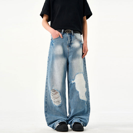 Retro Washed Light Blue Ripped Jeans for Men and Women